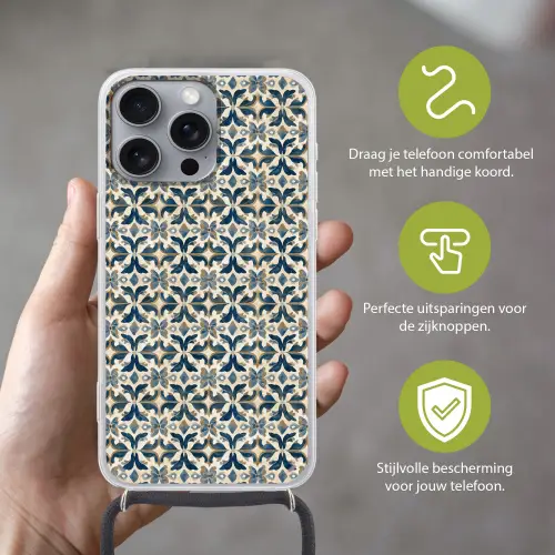 Tegel - Patroon - Blauw - Beige Hoesje iPhone 16 Pro Max met koord klein 804 -sfeer2_NL
