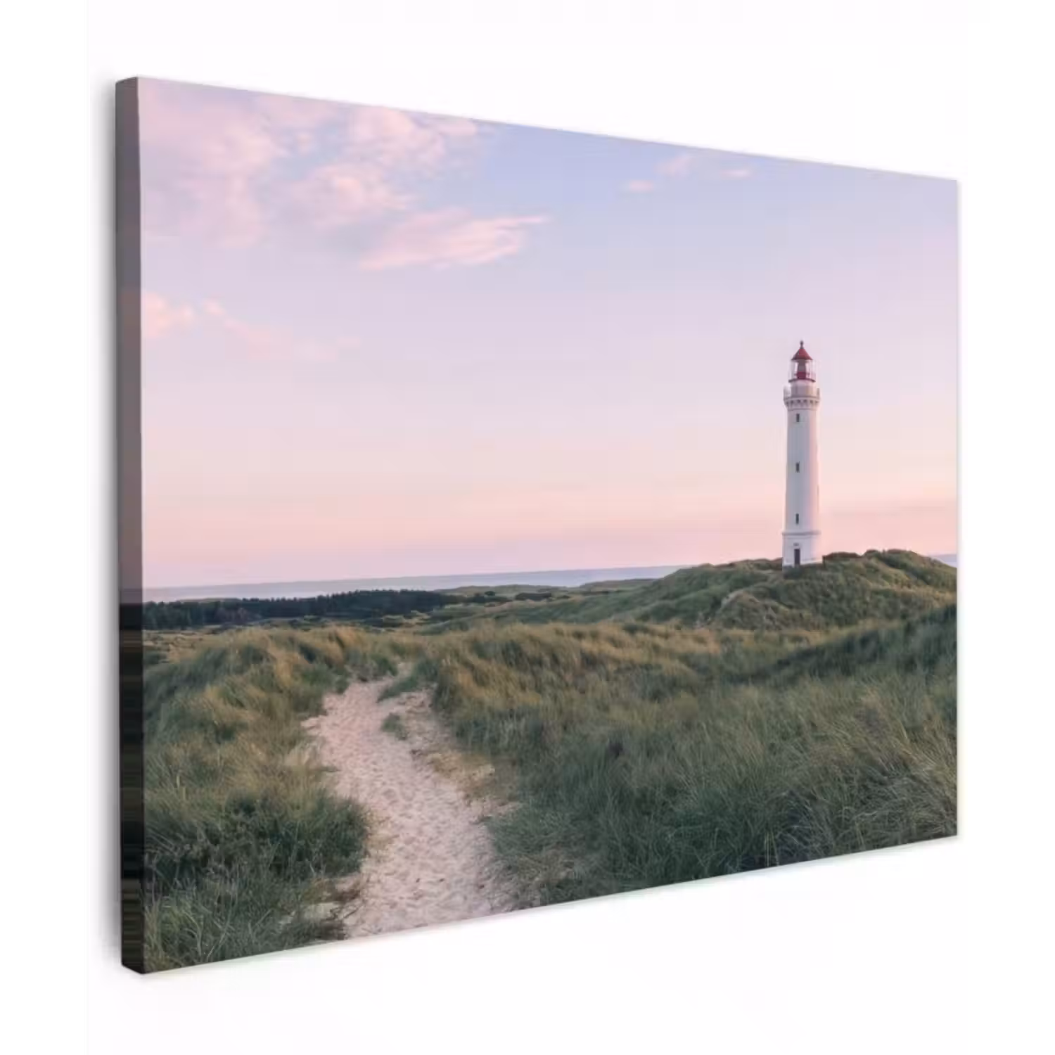 Leinwandbild - Leuchtturm - Dünenlandschaft - Meer