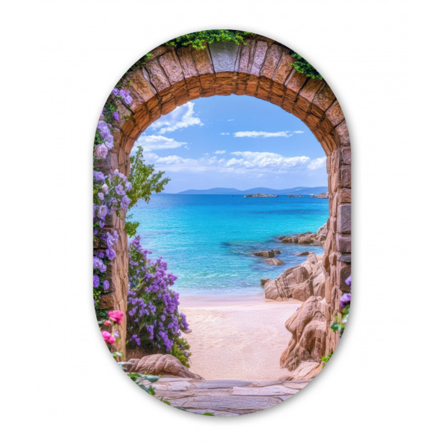 Doorkijk - Poort - Zee - Strand - Rotsen Wandcirkel Ovaal Glas middel -3d