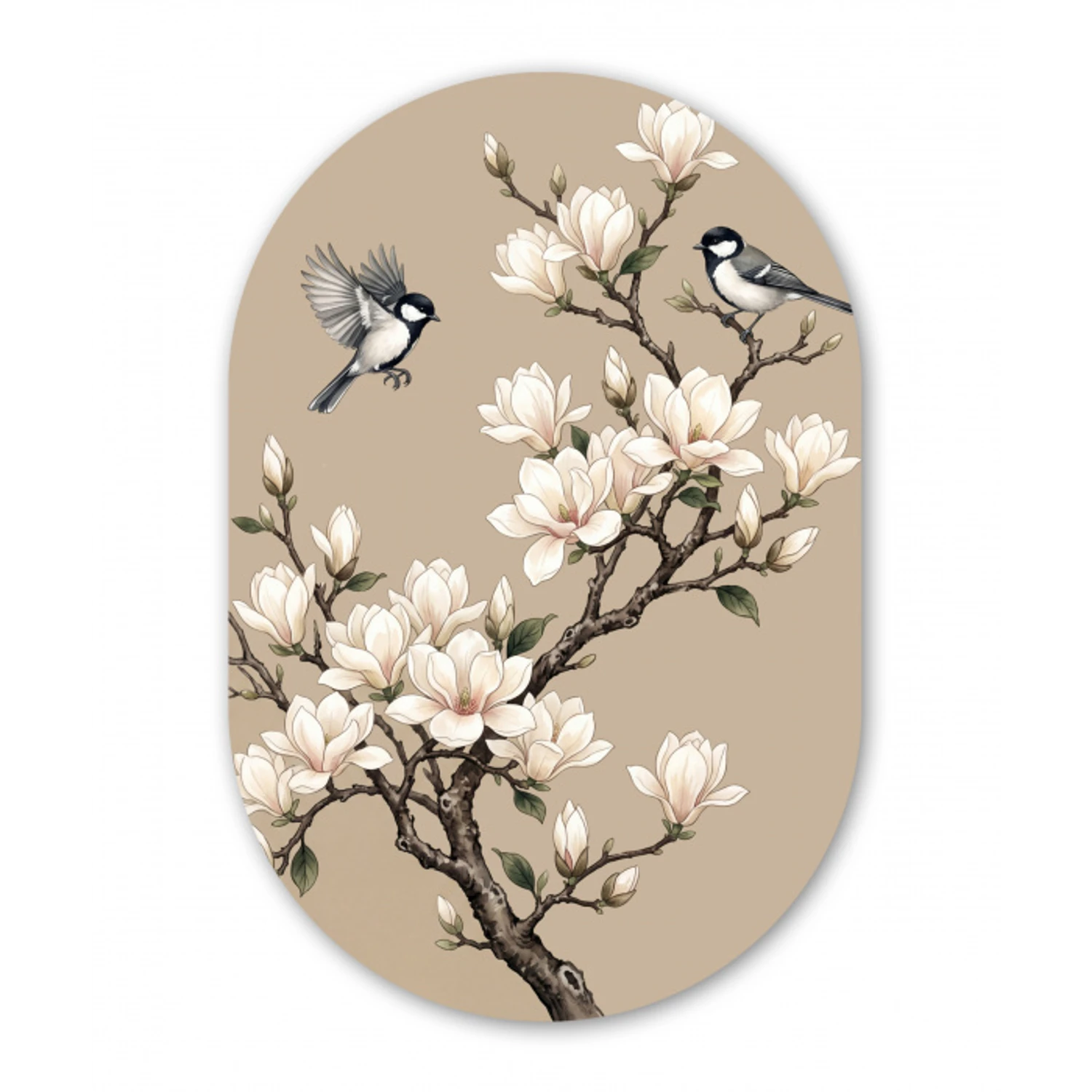 Oosters - Vogels - Beige Wandcirkel Ovaal Forex klein -3d