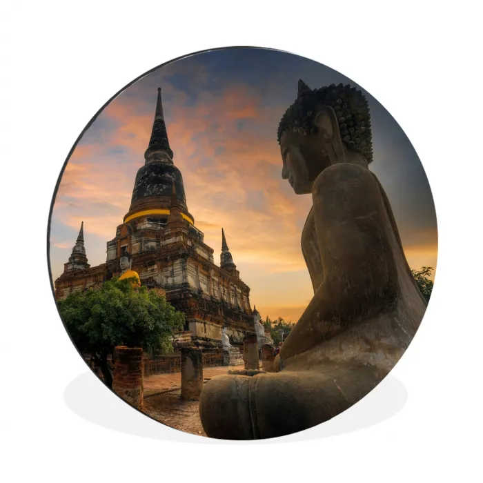 Tempel - Zonsondergang - Boeddha beelden - Buddha Wandcirkel aluminium klein -3d