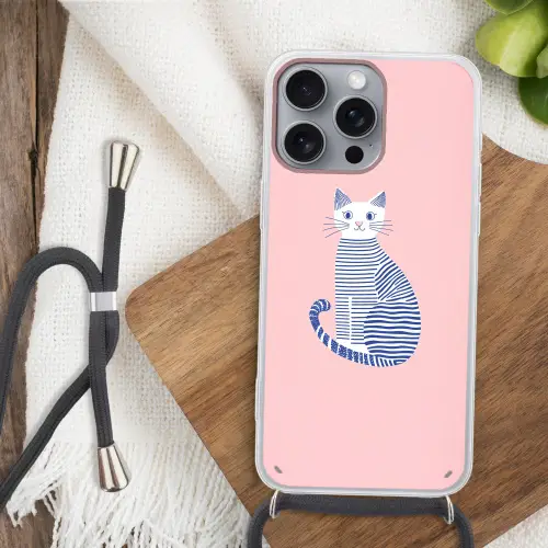 Kat - Illustratie - Minimalistisch - Roze Hoesje iPhone 16 Pro Max met koord klein -sfeer4