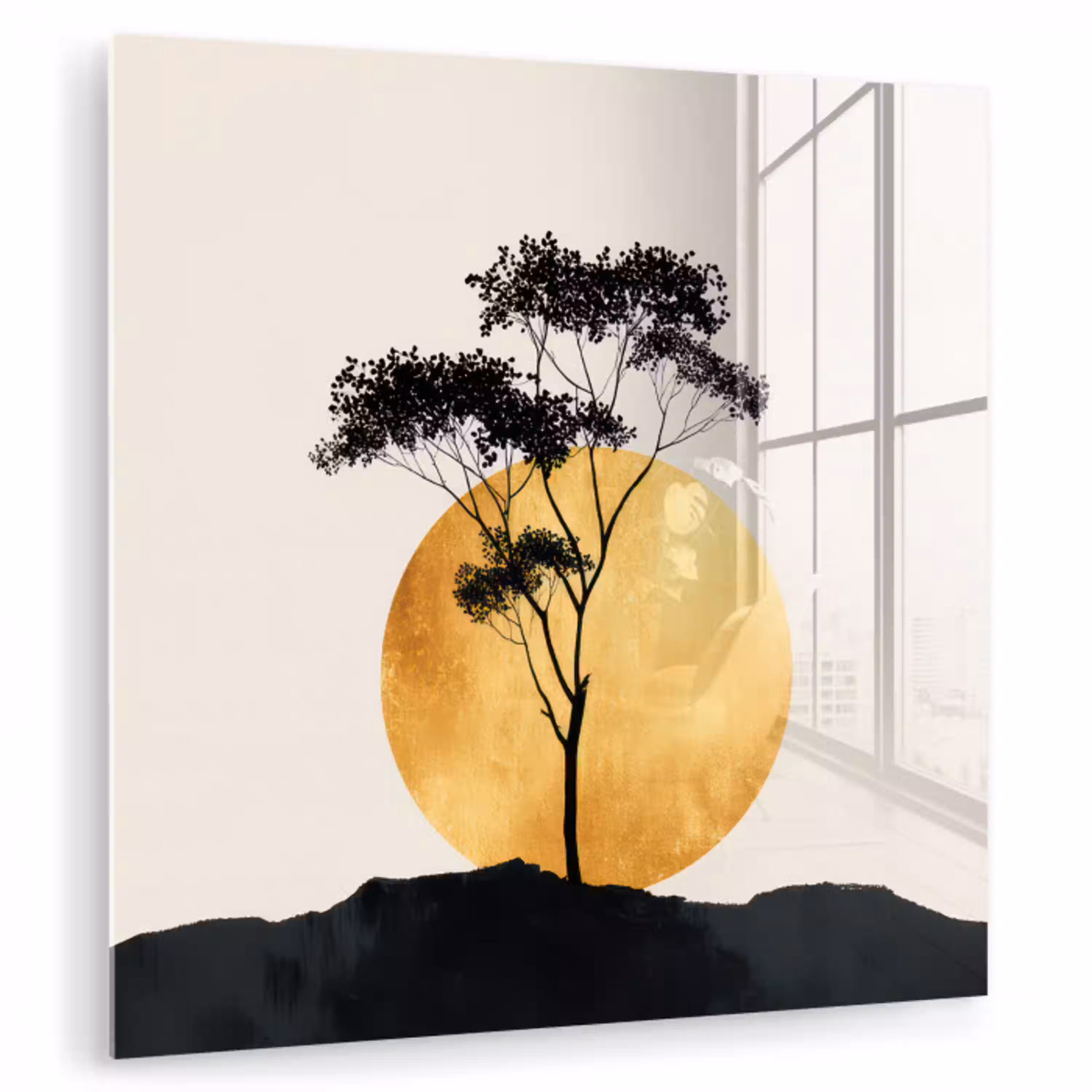 Zwarte boom - Gouden cirkel - Heuvel plexiglas 5mm klein -zzzproduct_nieuw