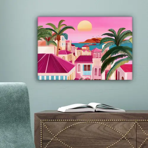 Stad - Roze - Palmbomen canvas 2cm klein -sfeer4