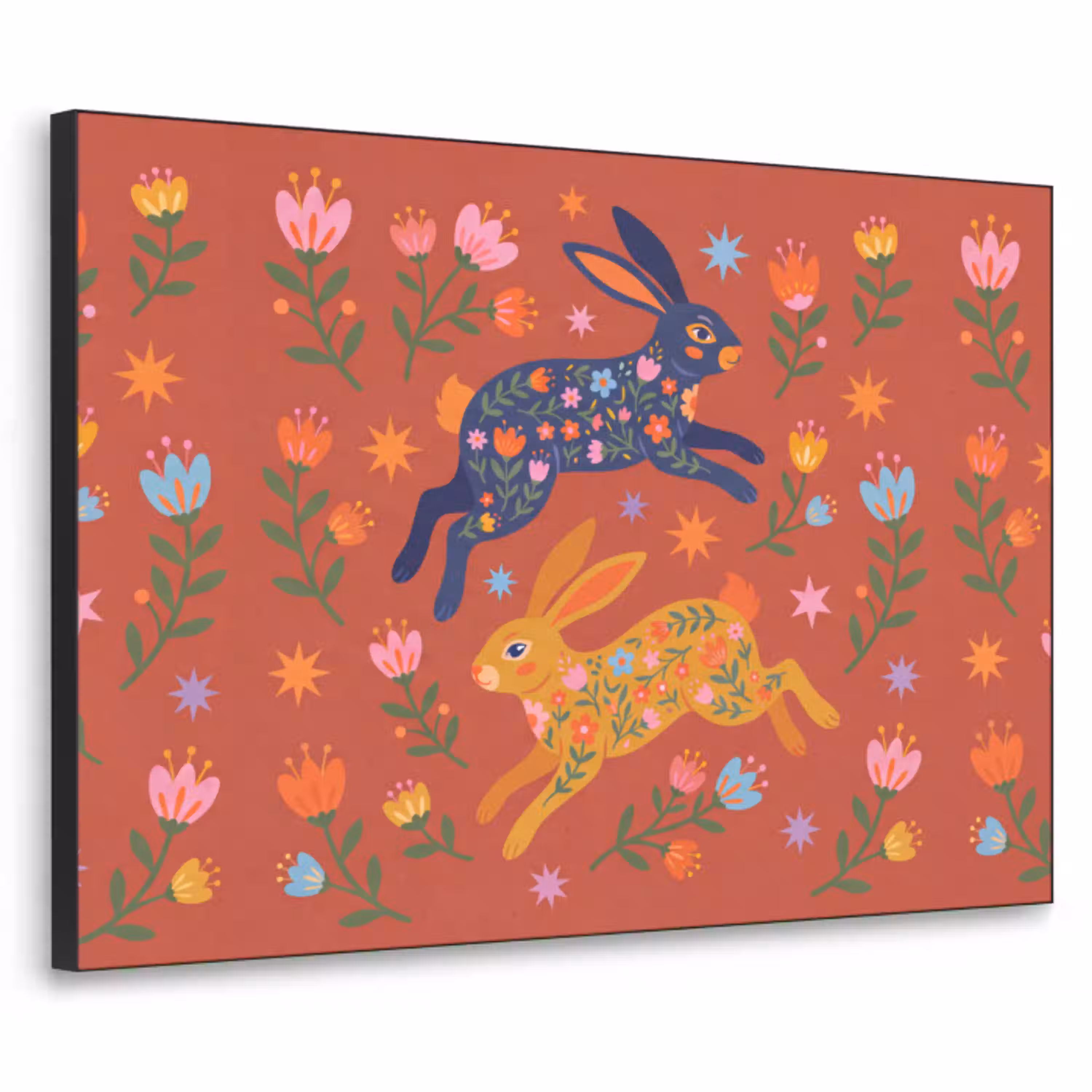 Konijn - Bloemen - Folk Art - Kleurrijk - Dieren Textielframe zwart klein -3d