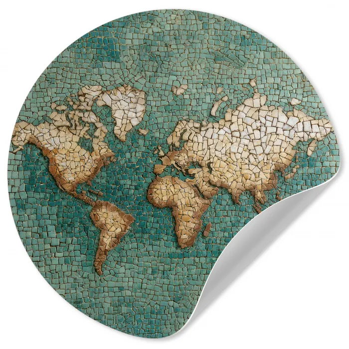 Wereldkaart - Gebroken tegels - Mozaïek Wandcirkel behangsticker klein -3d