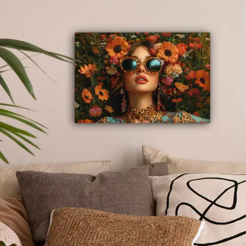 Vrouwen - Bloemen - Modern - Bril - Abstract canvas 2cm klein -sfeer1