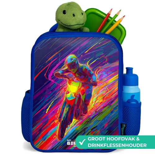 Crossmotor - Neonkleuren - Lijnen - Helm Kinderrugzak - Blauw middel -inhoud_NL