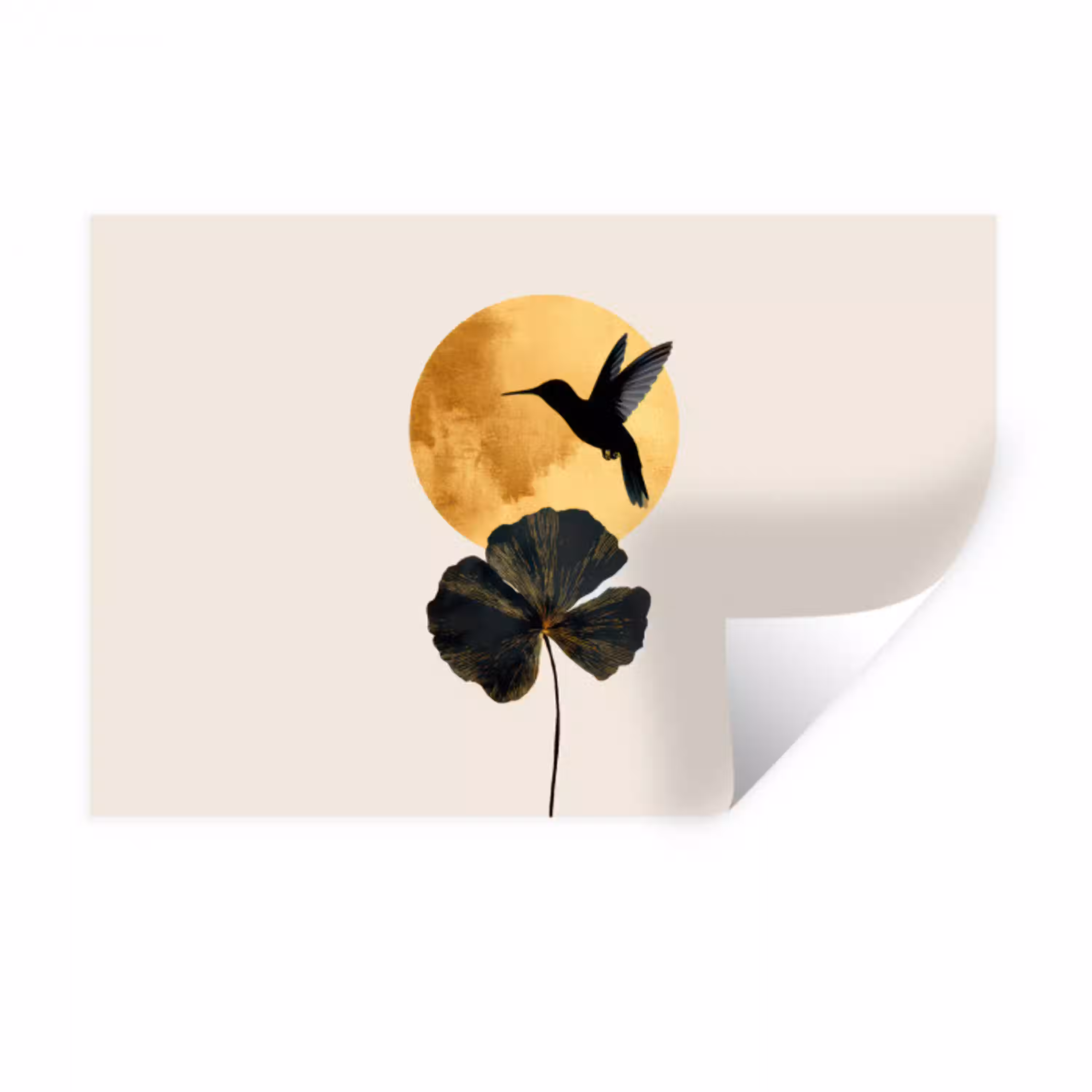 Zwarte kolibrie - Bloem - Gouden cirkel Muursticker klein -3d