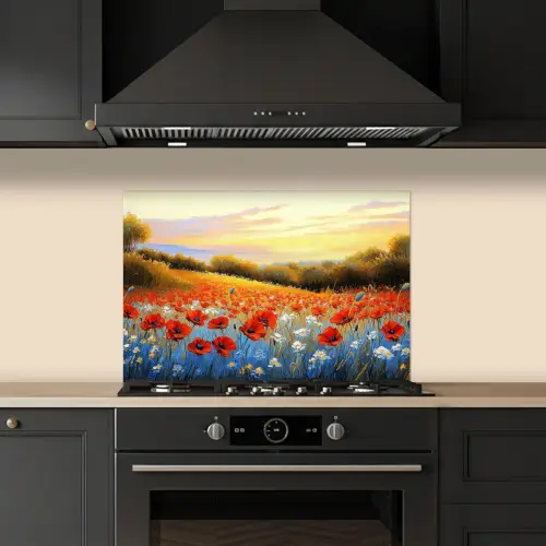 Klaproos - Bloemenveld - Kleurrijk keuken achterwand spatscherm klein -sfeer1