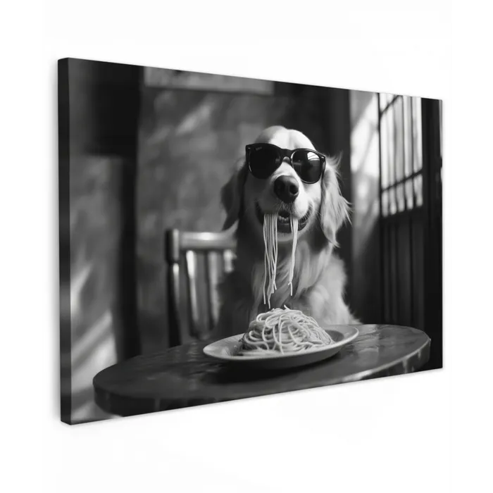 Golden Retriever - Hond - Vrolijk -  Bord spaghetti - Zwart - wit Tuinposter op houten frame 2 cm dik klein -3d