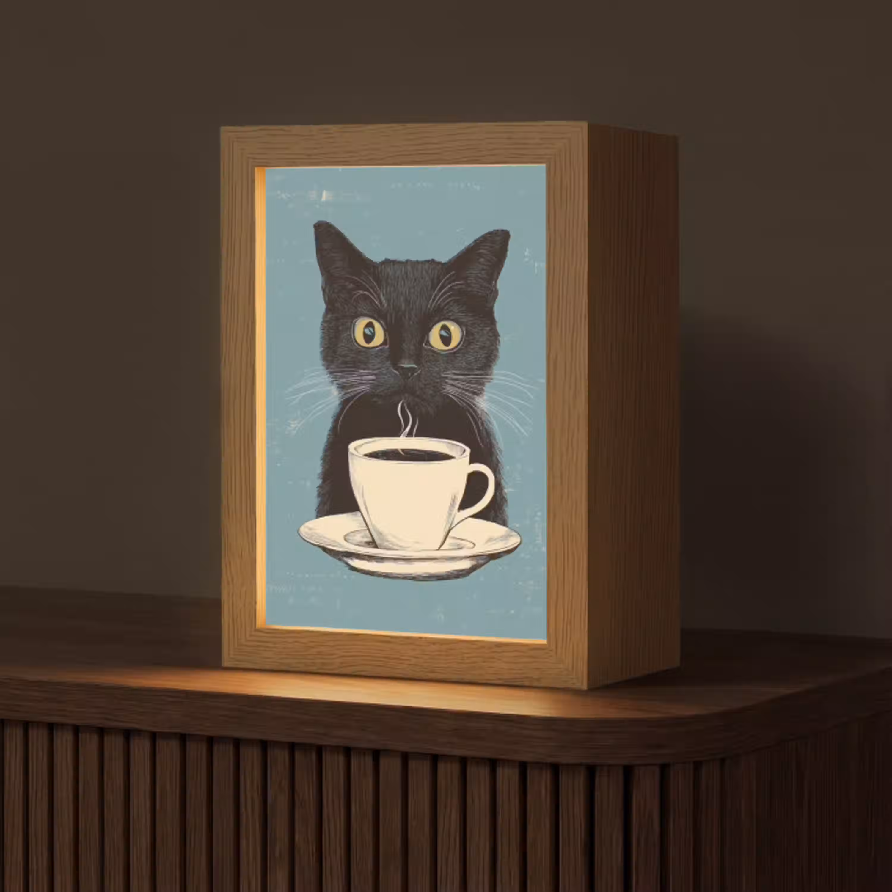 Kat - Zwart - Koffie - Minimalistisch Light Box met kabel (Tafellamp) klein -z3d_website