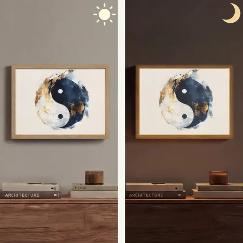 Yin Yang - Abstract - Zwart - Wit - Goud Light Box met batterij (Wandlamp) middel -sfeer3