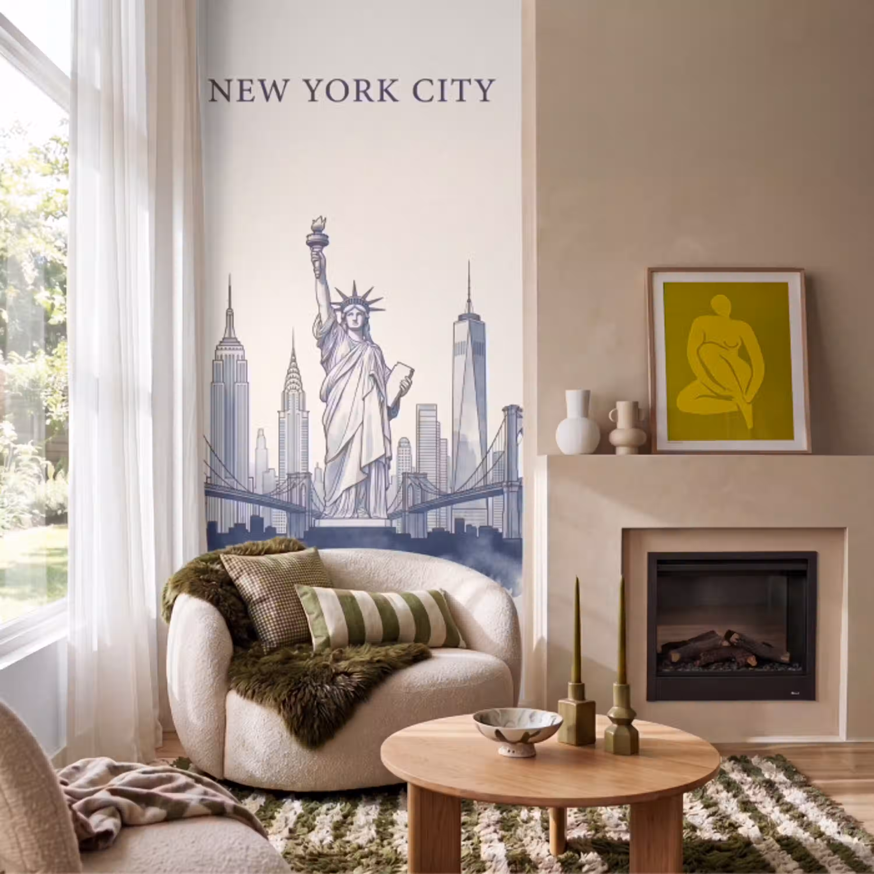 New York - Vrijheidsbeeld - Skyline - Illustratie - Blauw Behang Vlies klein -sfeer2