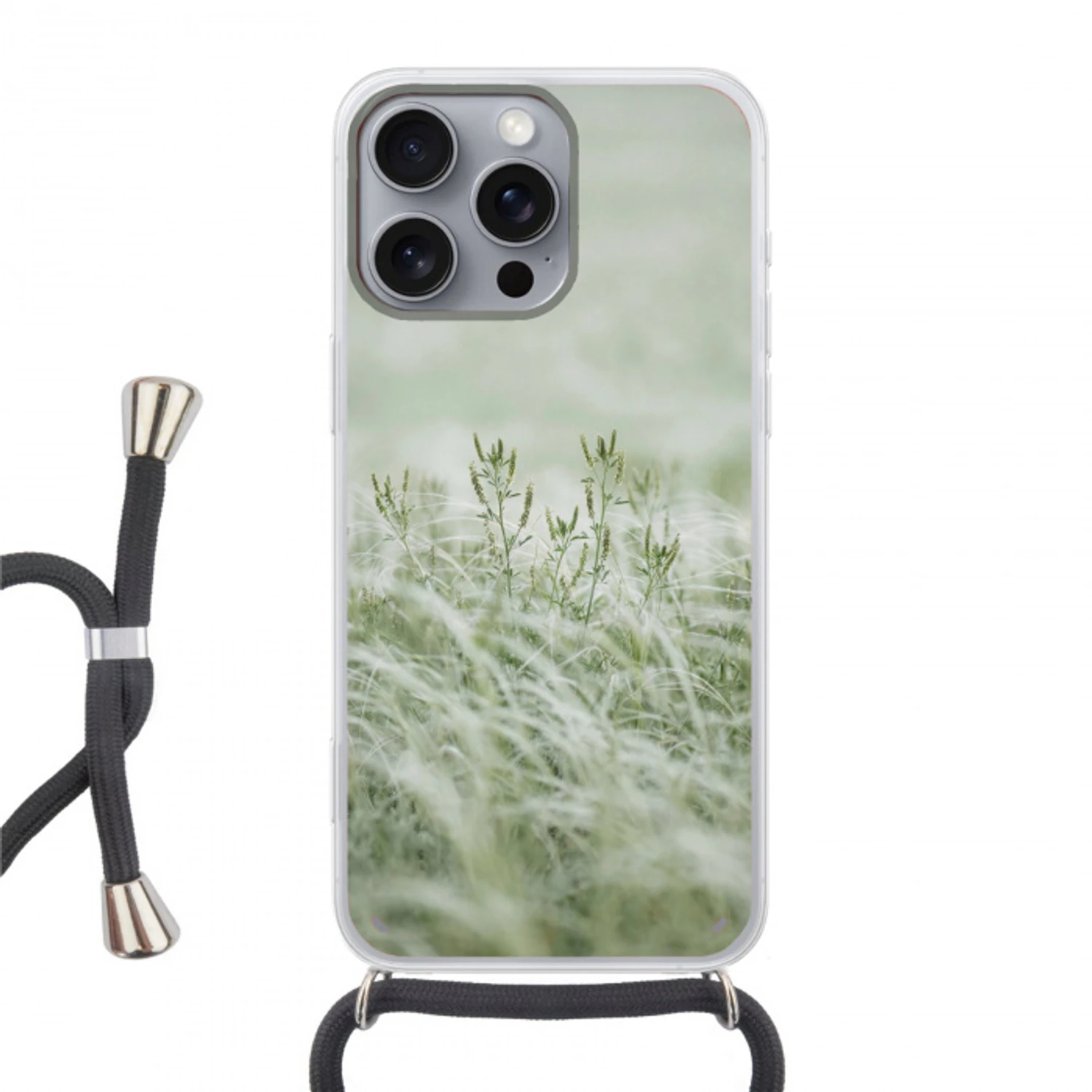Grassen - Minimalistisch - Groen Hoesje iPhone 16 Pro Max met koord klein -3d