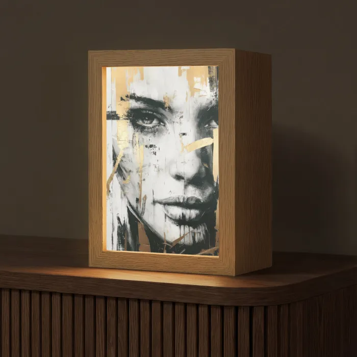 Portret - Vrouw - Penseelstreken - Goud Light Box met kabel (Tafellamp) klein -z3d_website
