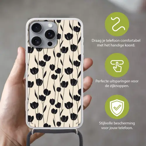 Tulpen - Patroon - Zwart Hoesje iPhone 16 Pro Max met koord klein 804 -sfeer2_NL