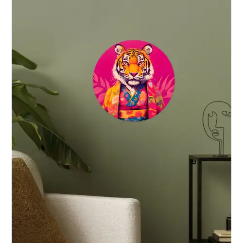 Tijger - Kimono - Planten - Roze Wandcirkel behangsticker klein -sfeer2