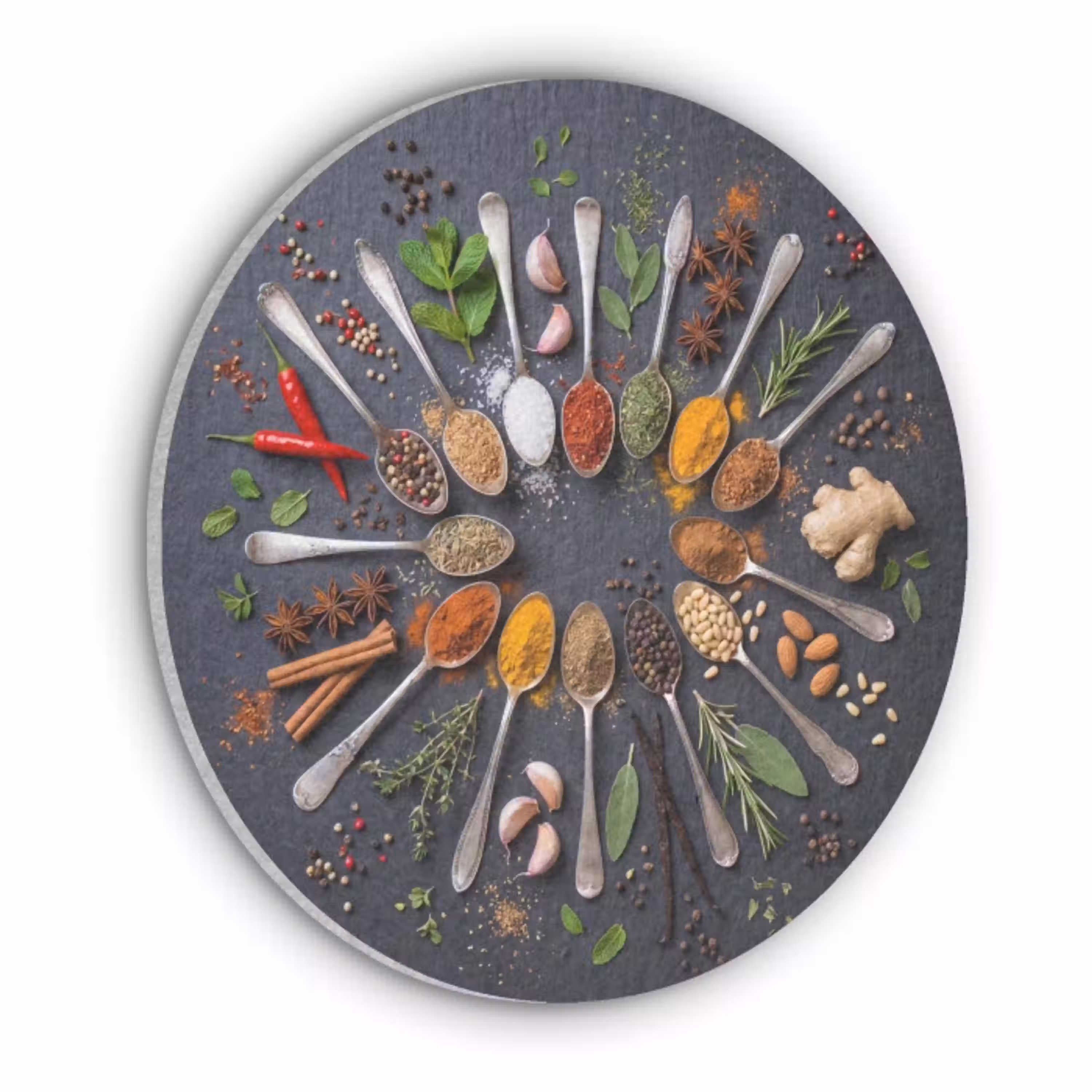 Kruiden - Lepels - Culinair - Kleurrijk - Sfeervol Akoestische PET Vilt - Rond klein -3d