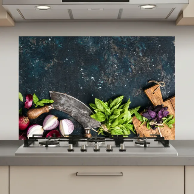 Groente - Kruiden - Wiegemes - Ui - Specerijen - Rustiek keuken achterwand spatscherm klein -3d_website