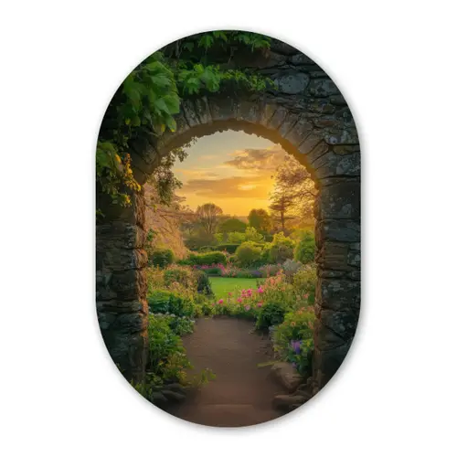 Poort - Planten - Zonsondergang Wandcirkel Ovaal Forex klein -3d