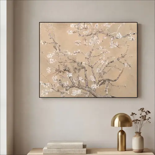 Amandelbloesem - Kunst - Van Gogh - Beige Textielframe - compleet frame klein -sfeer2