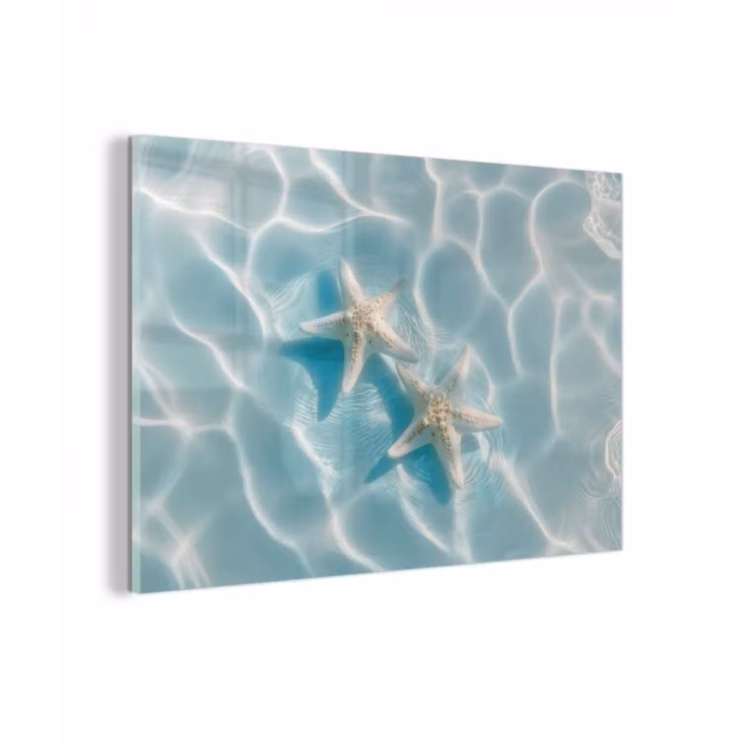 Glas schilderij - Zeesterren - Golvend water - Rustgevend