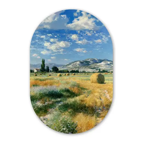Landschap - Strobalen - Bergen - Wolken Wandcirkel Ovaal Glas middel -3d