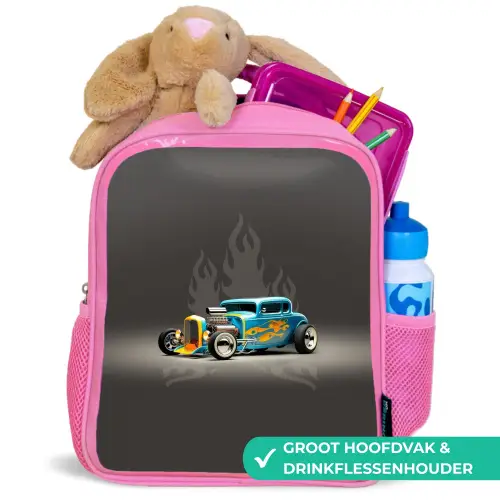 Blauwe auto met grijze vlammen Kinderrugzak - Roze middel -inhoud_NL