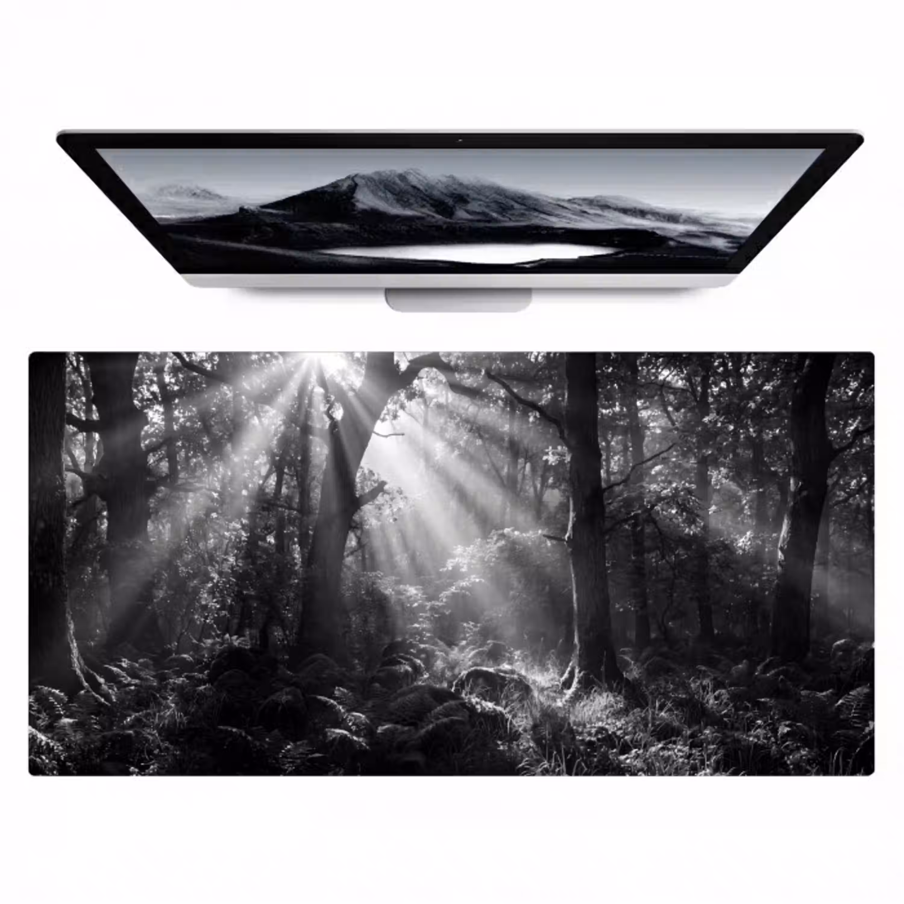 Bos - Lichtstralen - Natuur - Zwart-wit Muismat XXL klein -zzz3d