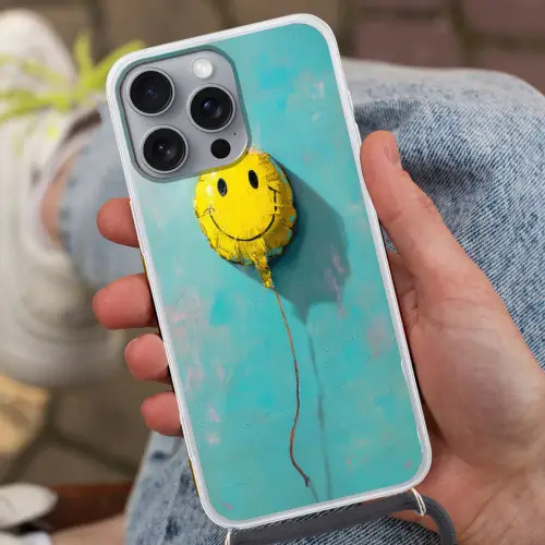 Ballon - Geel - Smiley Hoesje iPhone 16 Pro Max met koord klein -sfeer3