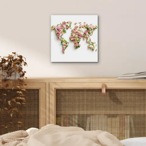 Wereldkaart - Bloemen - Subtiel aluminium wit klein -sfeer3