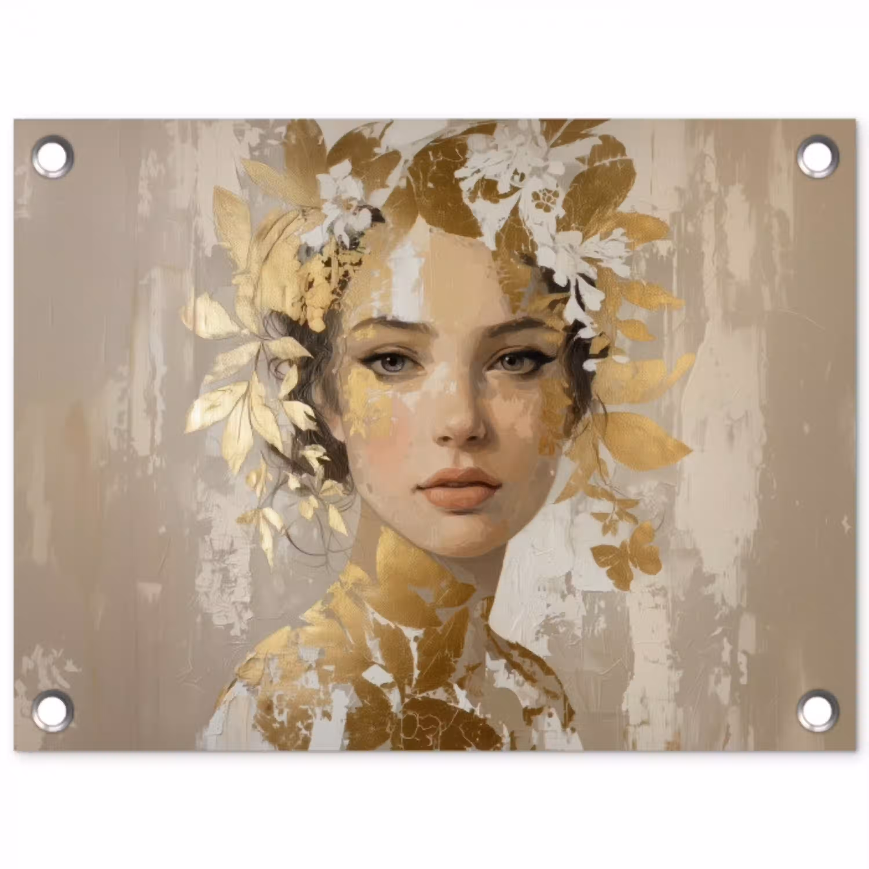 Gezicht - Vrouw - Bladeren - Goud tuinposter los doek klein -3d