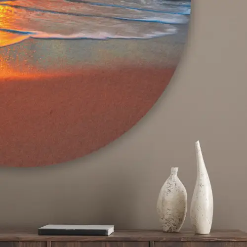 Zee - Zonsondergang - Strand - Wolken - Oranje Akoestische PET Vilt - Rond klein -sfeer5_closeup