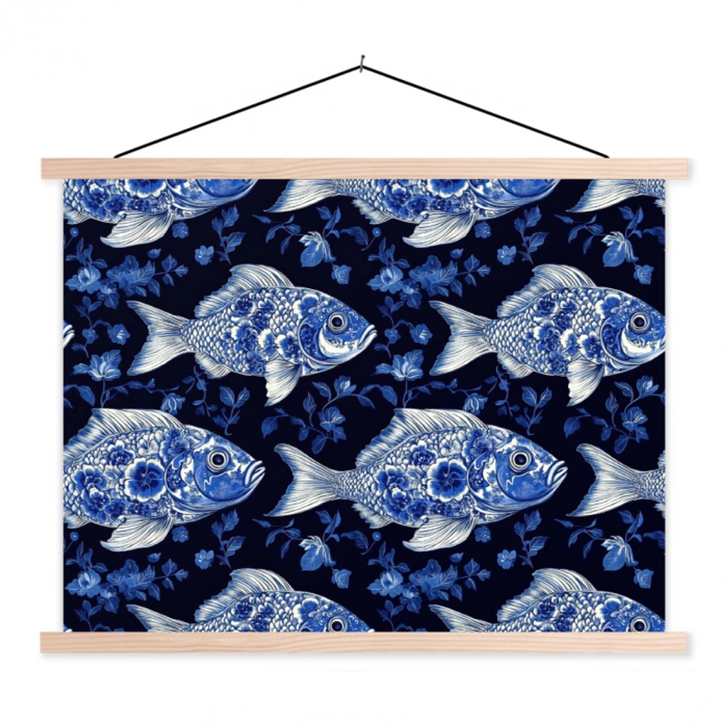 Vissen - Bloemen - Blauw textielposter latten blank klein 122 -3d