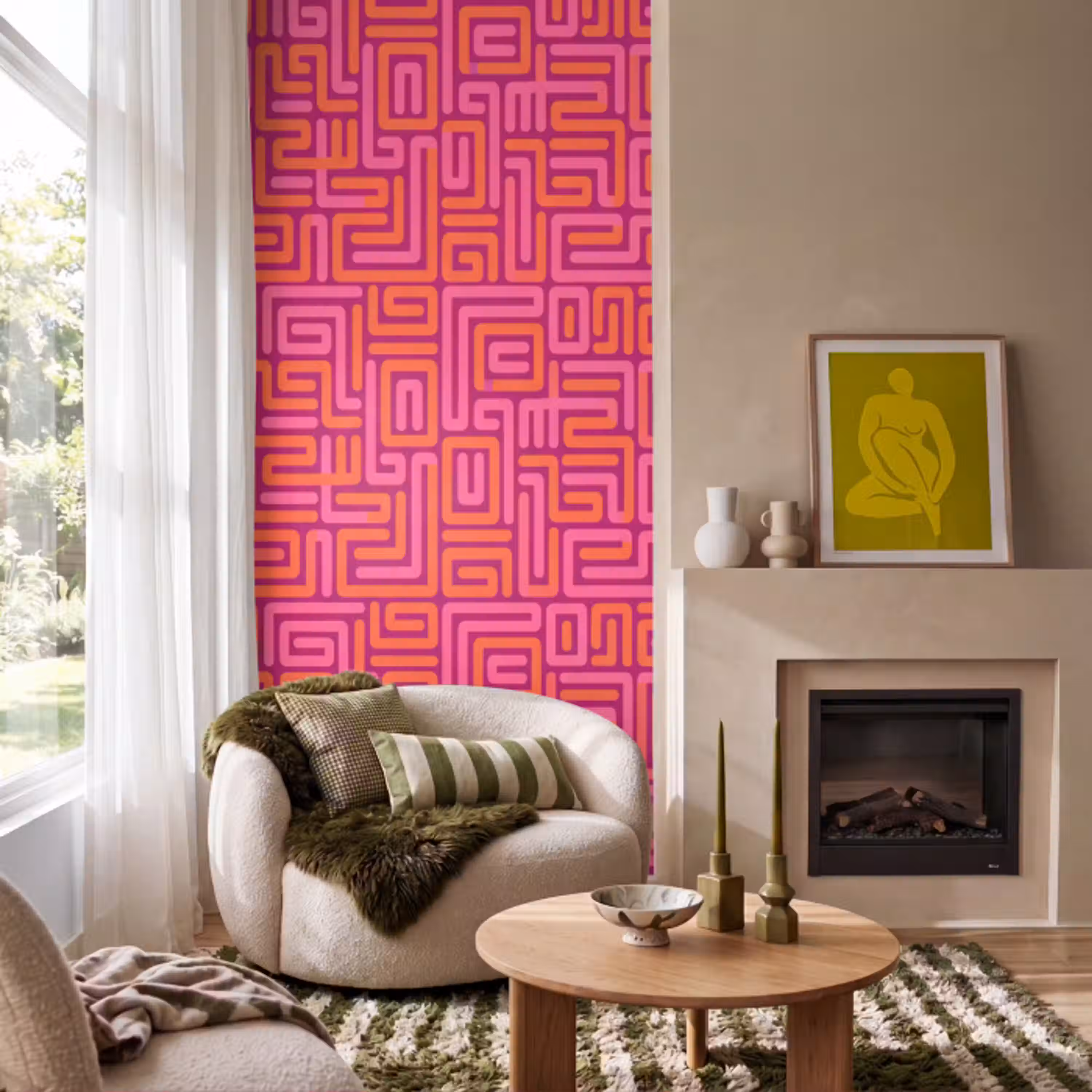 Abstract - Patroon - Lijnen - Roze - Oranje Behang Vlies klein -sfeer2