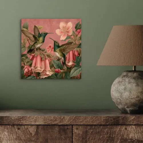 Kolibries - Bloemen - Groen - Roze aluminium wit klein -sfeer2