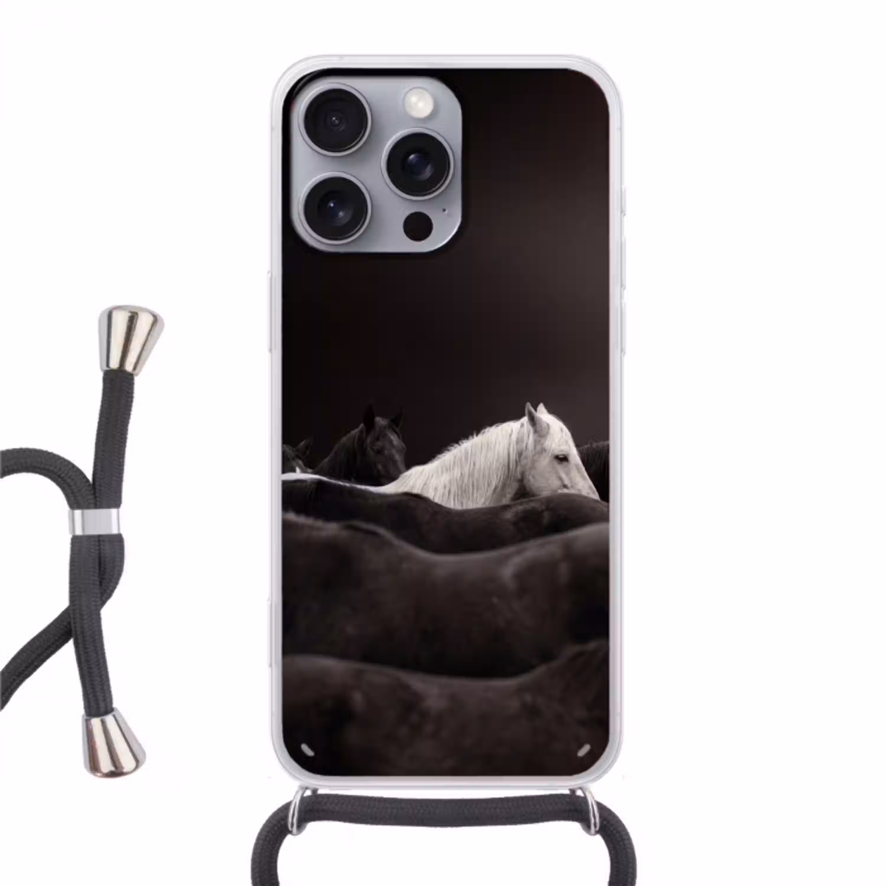 Paarden - Zwart - Wit - Kudde Hoesje iPhone 16 Pro Max met koord klein -3d