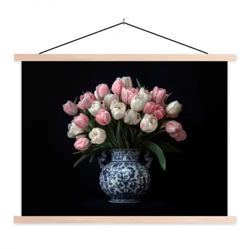 Bloemen - Roze - Tulpen - Vaas textielposter latten blank klein -3d