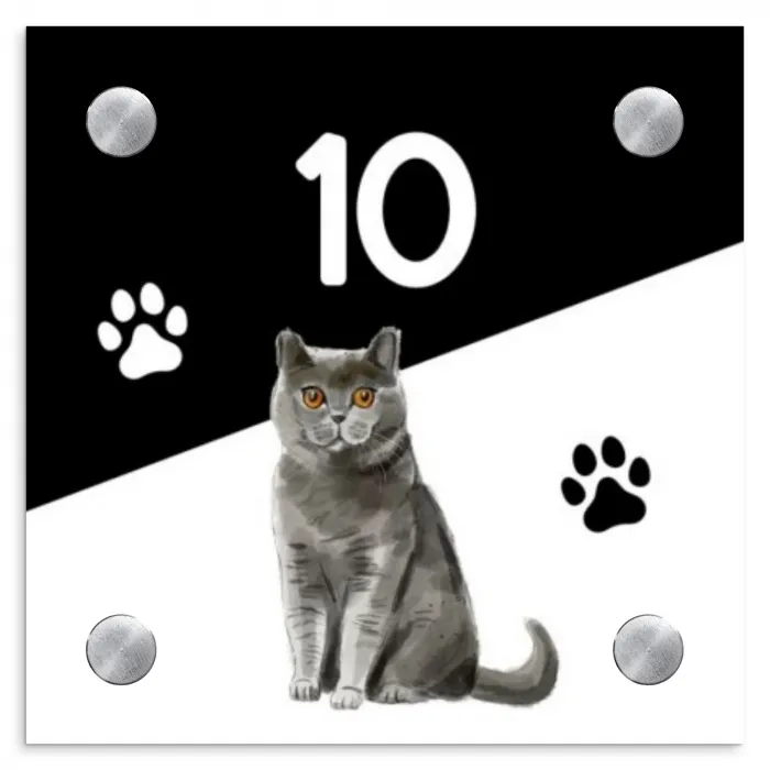 Zwart wit - Huisdier - Grijze kat Naambord Vierkant klein -3d