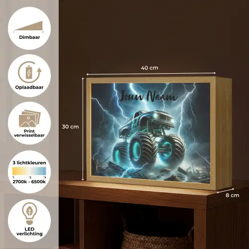 Monstertruck - Bliksem - Blauw - Jongens - Auto Light Box met batterij (Wandlamp kind) middel -USP_websiteoverzichtNL