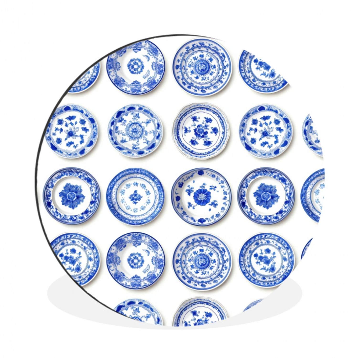 Borden - Bloemen - Patroon - Blauw Wandcirkel aluminium klein 190 -3d