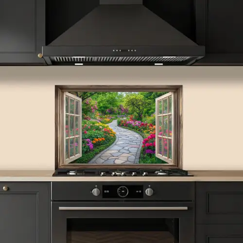 Doorkijk - Bloemen - Tuinpad - Natuur - Raam keuken achterwand spatscherm klein -sfeer1