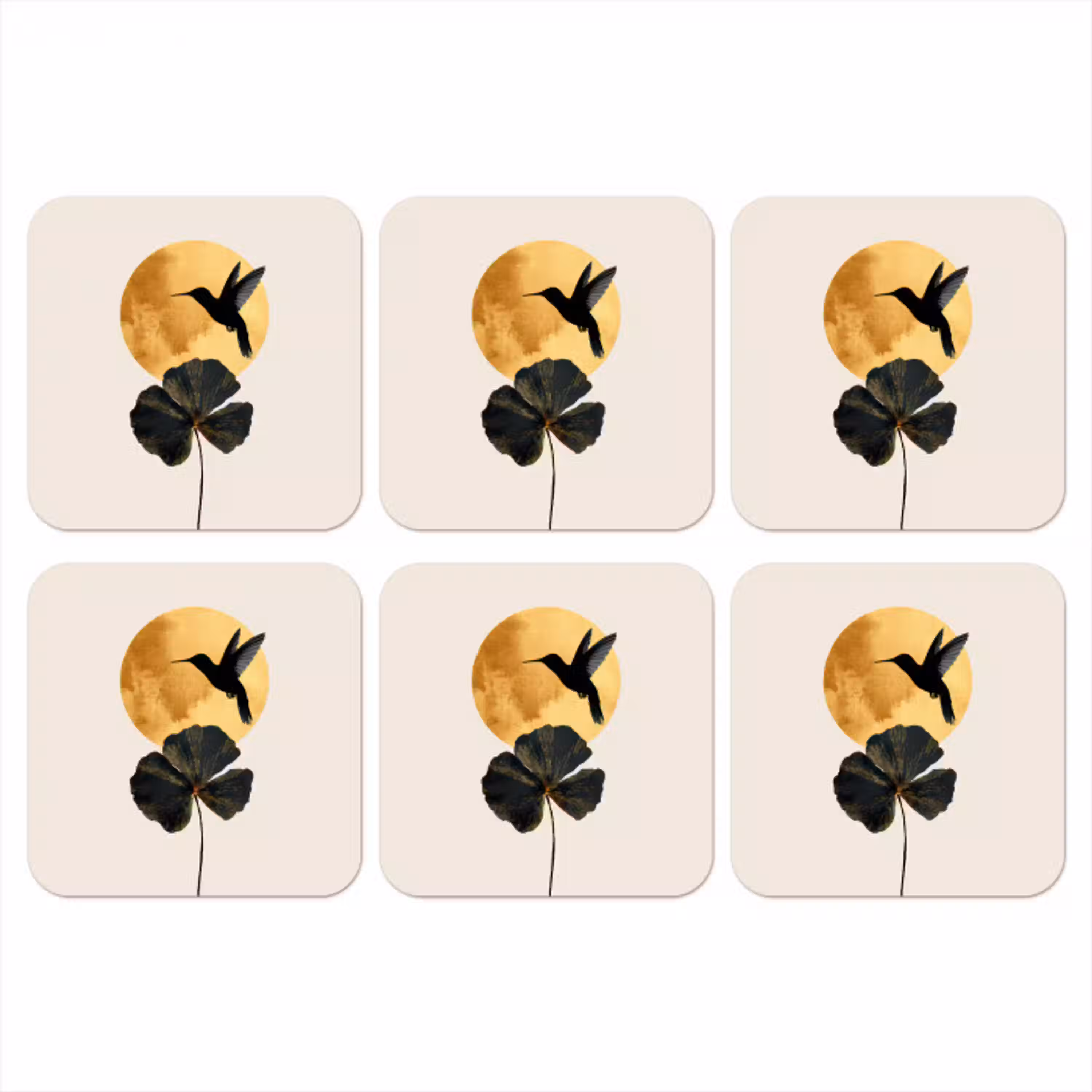 Zwarte kolibrie - Bloem - Gouden cirkel onderzetter kurk middel -3d