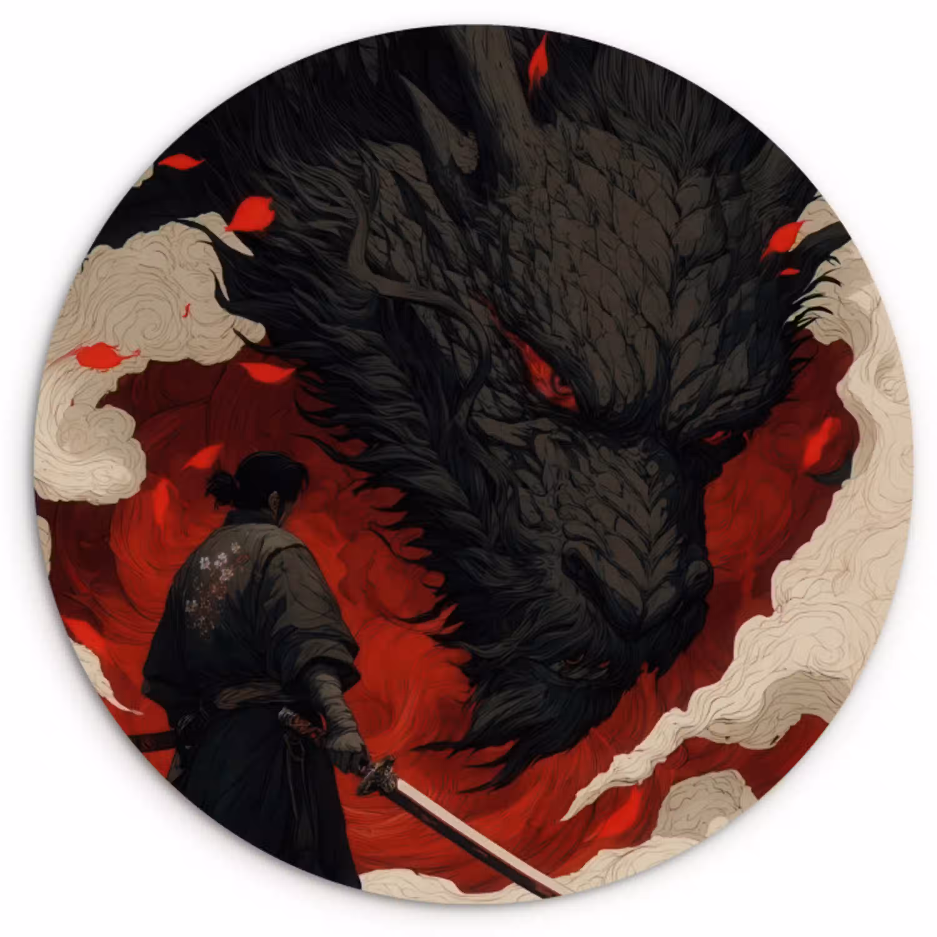 Krijger - Draak - Zwart - Rood - Rook Wandcirkel kunststof plaat 5mm dik klein -3d