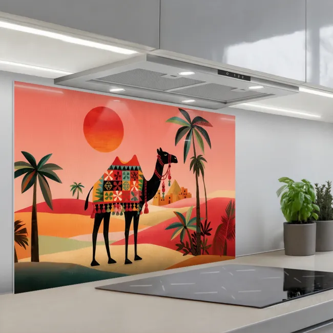 Spatscherm keuken - Kameel - Gekleurd tapijt - Duinen - Rode zon