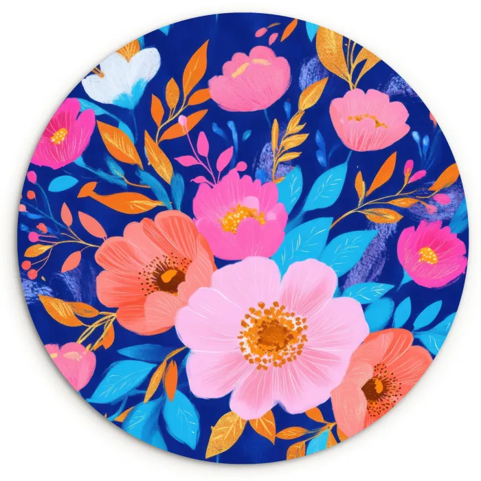 Bloemen - Blauw - Roze Wandcirkel plexiglas klein -3d