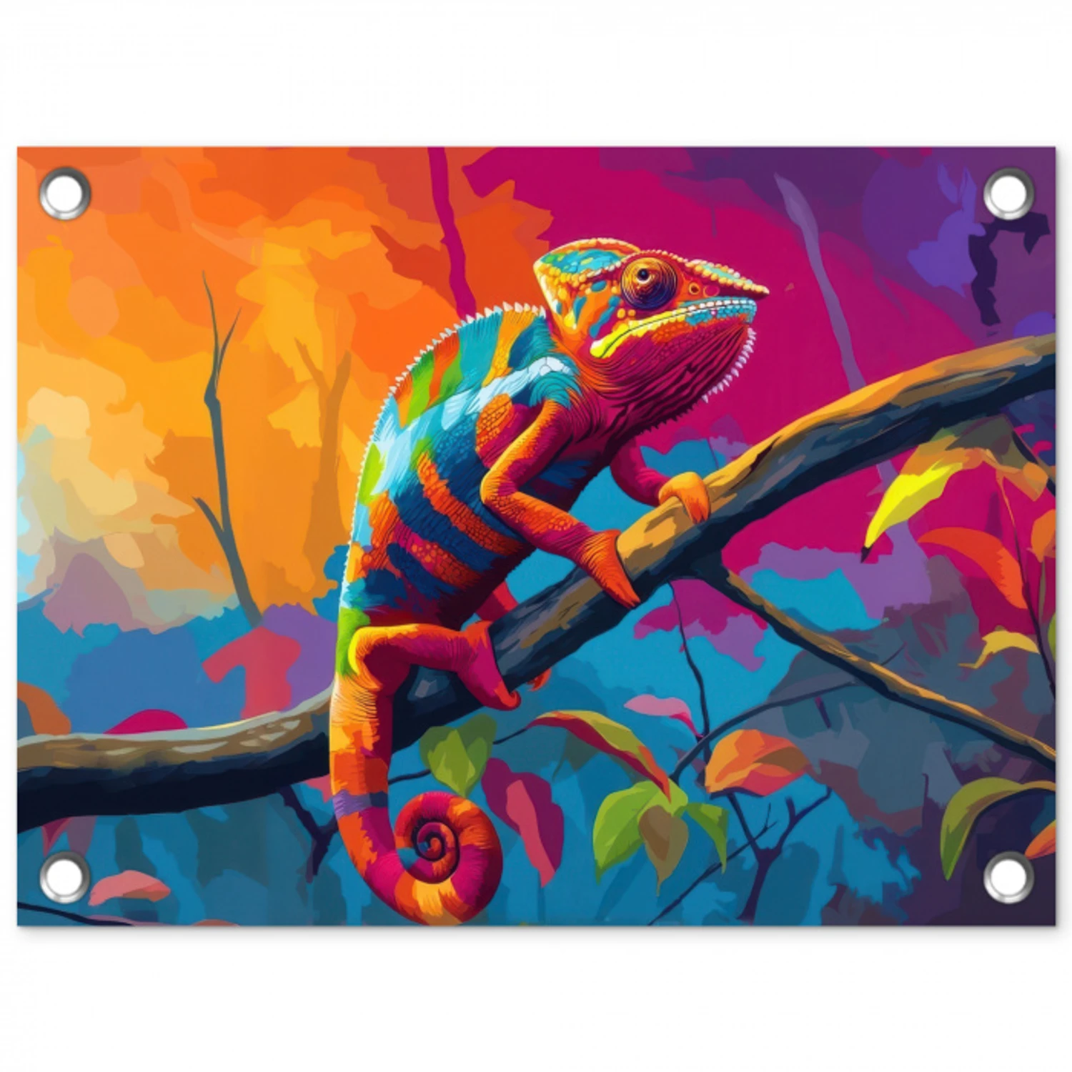 Kameleon - Tak - Gestreept - Bladeren tuinposter los doek klein -3d