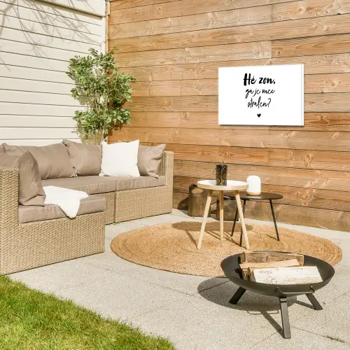 Zon - Tekst - Hé zon, ga je mee stralen? - Quotes Tuinposter op houten frame 2 cm dik klein -sfeer2