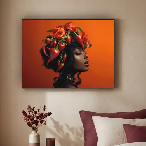 Vrouw - Chilipepers - Pepers - Bloemen Textielframe zwart klein -sfeer1